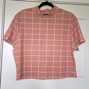 3XL Mock Neck Pink and White grid short sleeve crop top